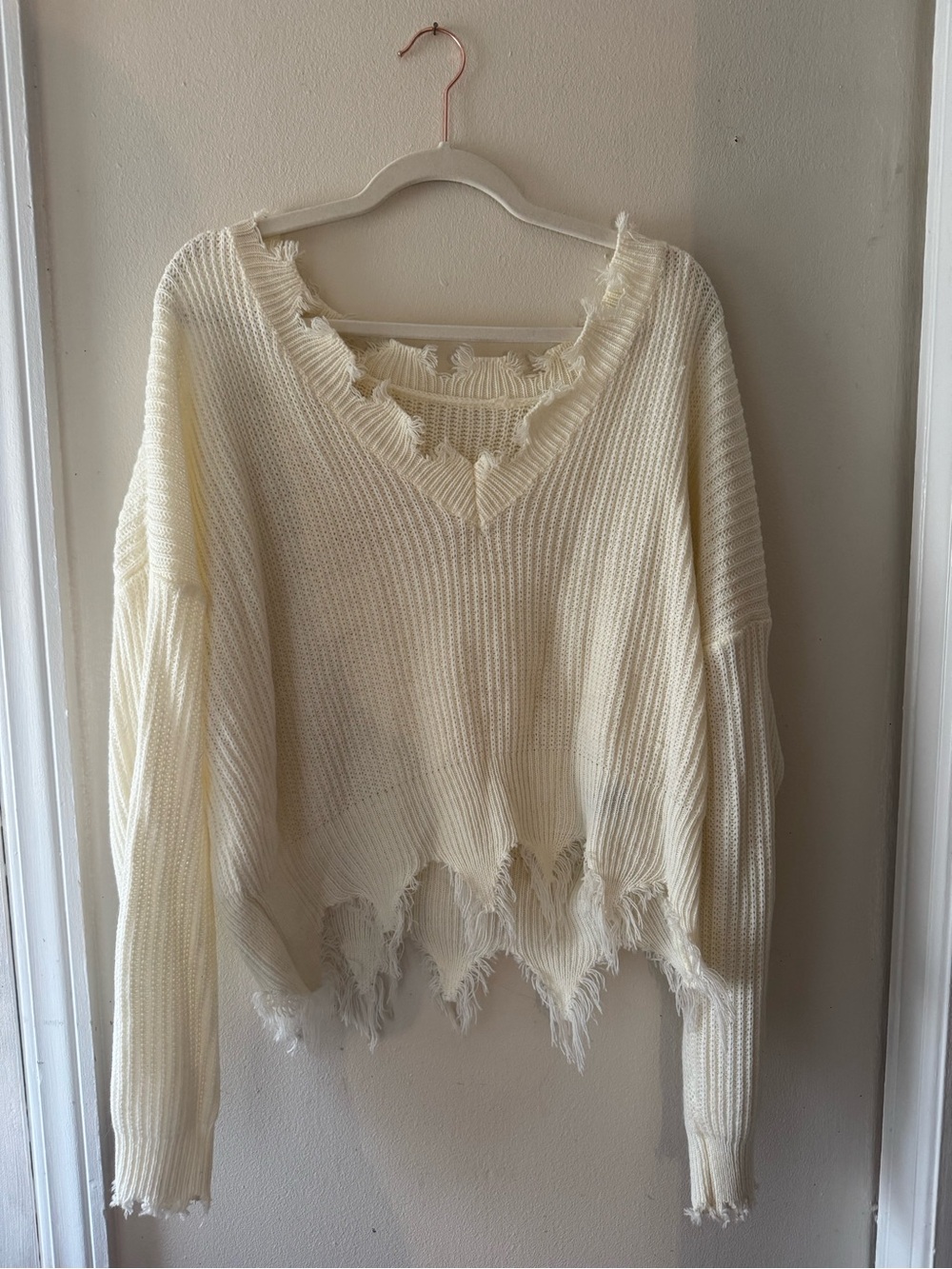 SHEIN Distressed V-Neck Cream Knit Sweater